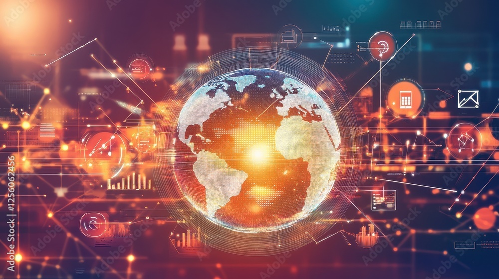 A globe made entirely of holographic light, surrounded by abstract data symbols, representing world trade connections, modern, clean, tech. A globe made entirely of holographic light, surrounded by abstract data symbols, representing world trade connections, modern, clean, tech.
