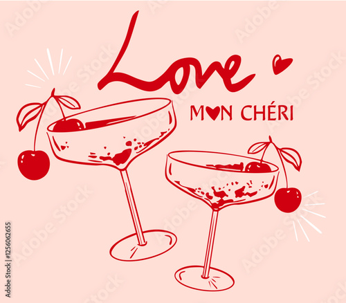 A pair of hand drawn cherry drink coupe glasses, Mon cheri cherry cocktail illustration, Whimsical  Love cocktail drinks, Valentines day  drink doodle  illustration for T-shirt, posters and branding