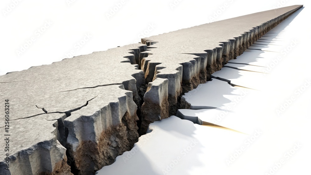 Fototapeta premium Cracked Concrete Path, Fault Line, Fracture, White Background