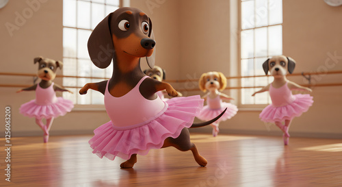 Dogs Practicing Ballet Dance in Pink Tutus at Dance Studio