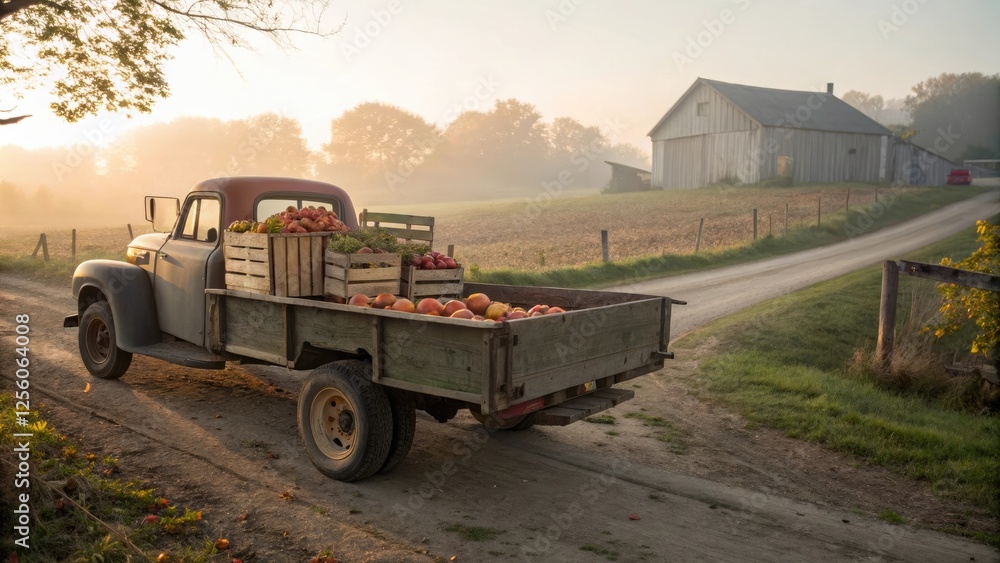 Obraz premium Vintage truck filled with apples parked on a country road at dawn, capturing the essence of rural life.