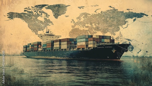 Container ship model navigating across a world map, symbolizing global transportation