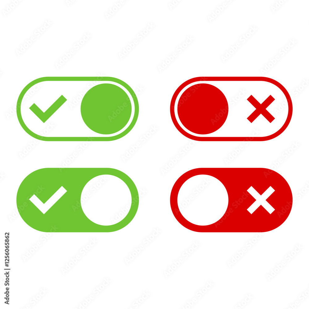 On and Off toggle switch button icons set. Setting control toggle ON OFF, switch buttons. On and Off toggle switch button icons set. Setting control toggle ON OFF, switch buttons.
