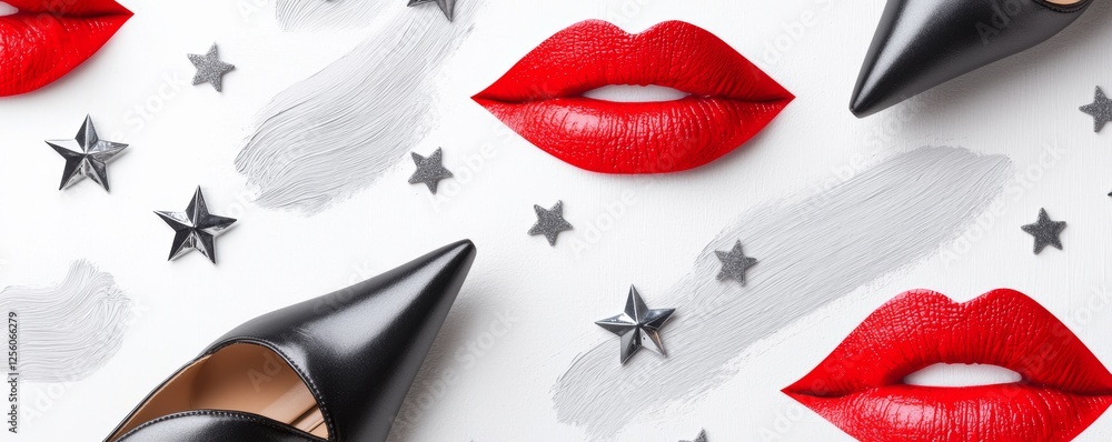 A bold and edgy pattern combining red lips, black stilettos, and scattered stars, with dynamic gray brushstrokes for a pop art vibe. A bold and edgy pattern combining red lips, black stilettos, and scattered stars, with dynamic gray brushstrokes for a pop art vibe.