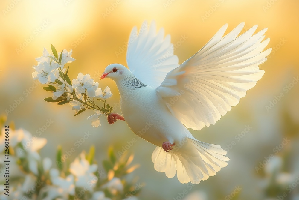 Fototapeta premium White dove is flying with olive branch. Concept of peace and tranquility, symbol of love and harmony