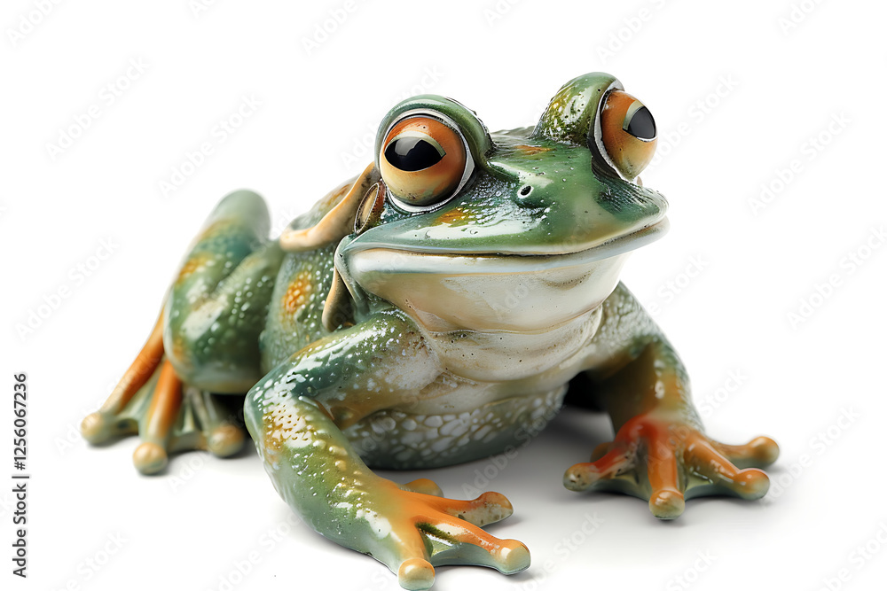 Obraz premium Realistic green frog figurine with orange details, showcasing intricate textures and lifelike expressions, perfect for wildlife lovers, nature decor, and amphibian-themed projects.