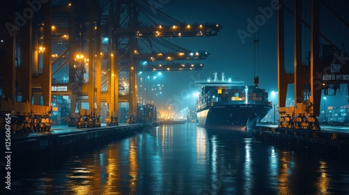 Nighttime cargo ship docking, harbor cranes, city lights, global trade