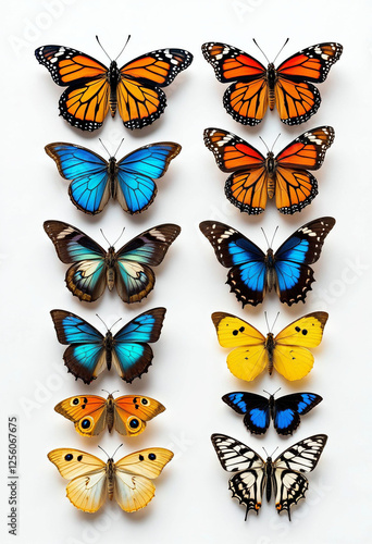 A vibrant, symmetrical arrangement of various butterfly species on a white background. photo