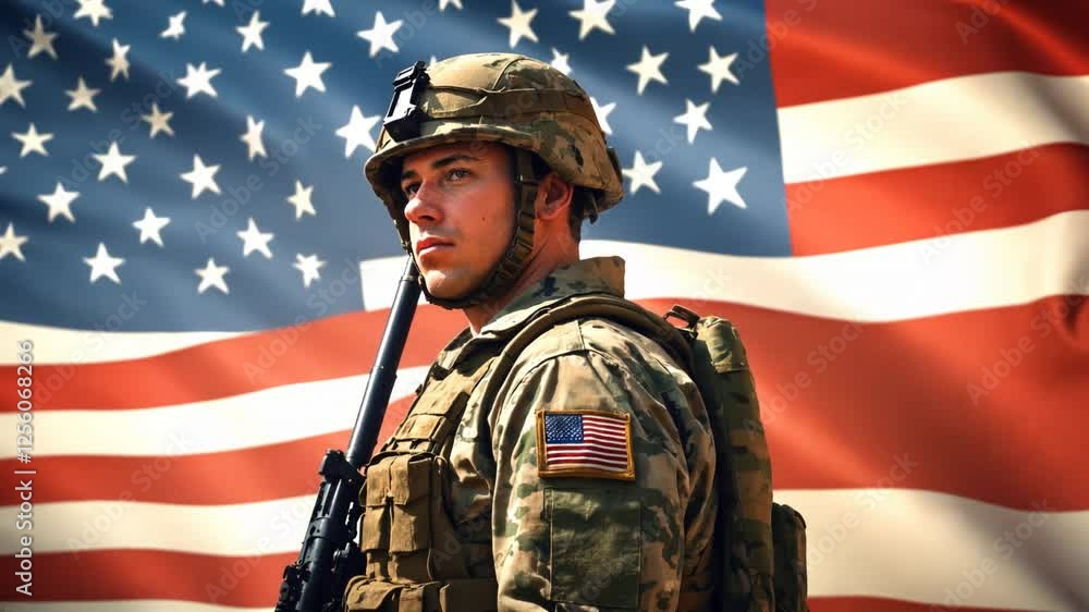 American soldier with the flag in the background, Memorial Day American soldier with the flag in the background, Memorial Day