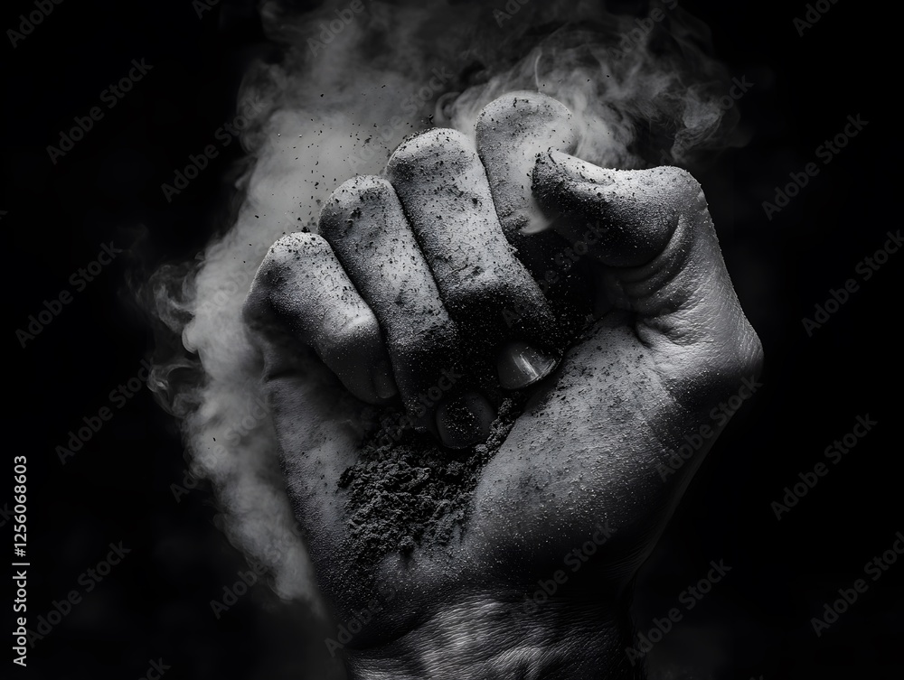Obraz premium Strong Hand Grasping Dark Powder with Smoke on Black Background