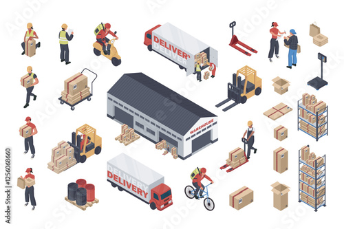 Delivery 3d isometric mega set in flat design. Collection isometry elements of operators, workers with parcel boxes, couriers, packaging, warehouse, truck transportation, other. Vector illustration.