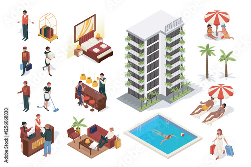 Hotel service 3d isometric mega set in flat design. Collection isometry elements of building, apartment rooms, bedroom, reception desk, pool, administrator, maid, client, other. Vector illustration.