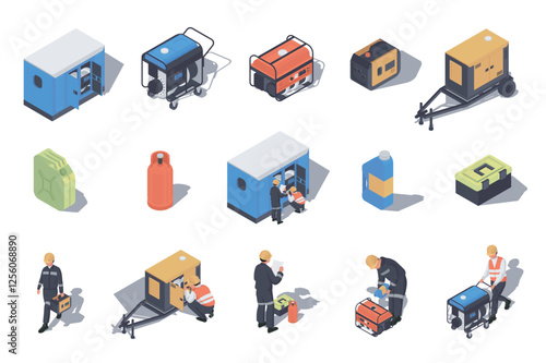 Generators maintenance 3d isometric mega set in flat design. Collection isometry elements of different types of portable electric power generators, canisters, technicians, other. Vector illustration. photo