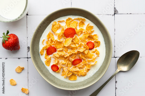Delicious breakfast with cornflakes, milk, and fresh strawberries