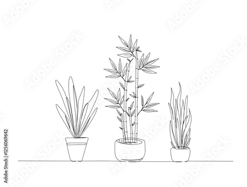 Continuous one line drawing of potted plant for interior. Potted house plant in single line draw illustration. Editable stroke.