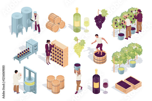 Winery 3d isometric mega set in flat design. Collection isometry elements of wine bottles, wineglass, grape crop, production, manufacture process, beverage producer, vine, other. Vector illustration.