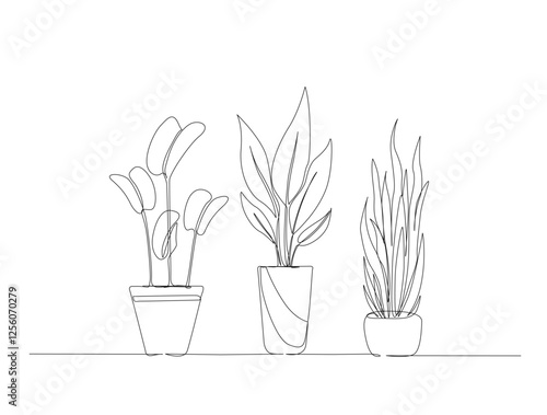 Continuous one line drawing of potted plant for interior. Potted house plant in single line draw illustration. Editable stroke.