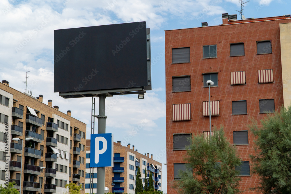 Large blank billboard in urban setting in Madrid with parking sign Large blank billboard in urban setting in Madrid with parking sign