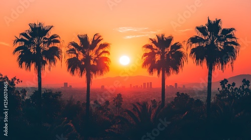 Vibrant orange sunset over palm trees with a city skyline in the background during twilight in los angeles