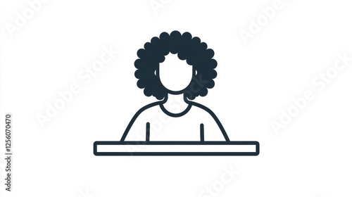 Woman with Afro sitting at desk, simple icon, digital art photo