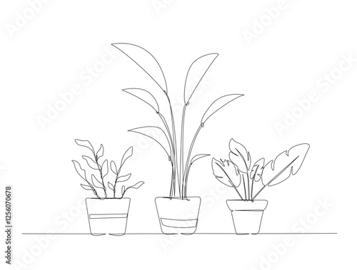 Continuous one line drawing of potted plant for interior. Potted house plant in single line draw illustration. Editable stroke.