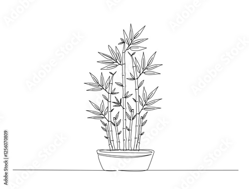 Continuous one line drawing of bamboo plant. Potted bamboo plant in single line draw illustration. Editable stroke.