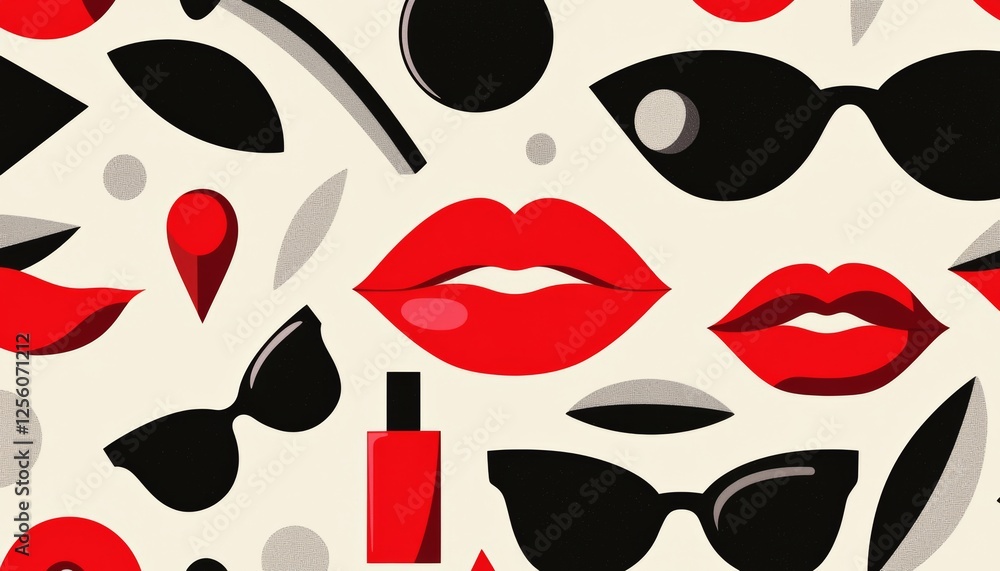 A simple yet striking pattern featuring bold red and black elements like lips, perfume bottles, and sunglasses with subtle gray accents. A simple yet striking pattern featuring bold red and black elements like lips, perfume bottles, and sunglasses with subtle gray accents.