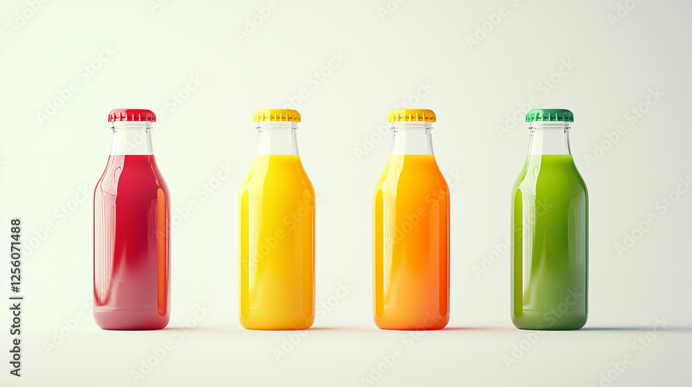 Four glass bottles filled with different colored juices - red, yellow, orange and green sealed with a matching cap in a row on a light background. Four glass bottles filled with different colored juices - red, yellow, orange and green sealed with a matching cap in a row on a light background.
