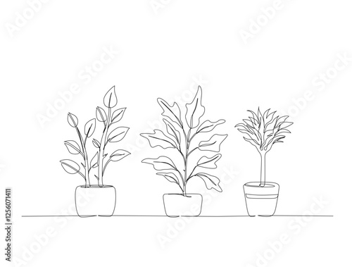 Continuous one line drawing of potted plant for interior. Potted house plant in single line draw illustration. Editable stroke.