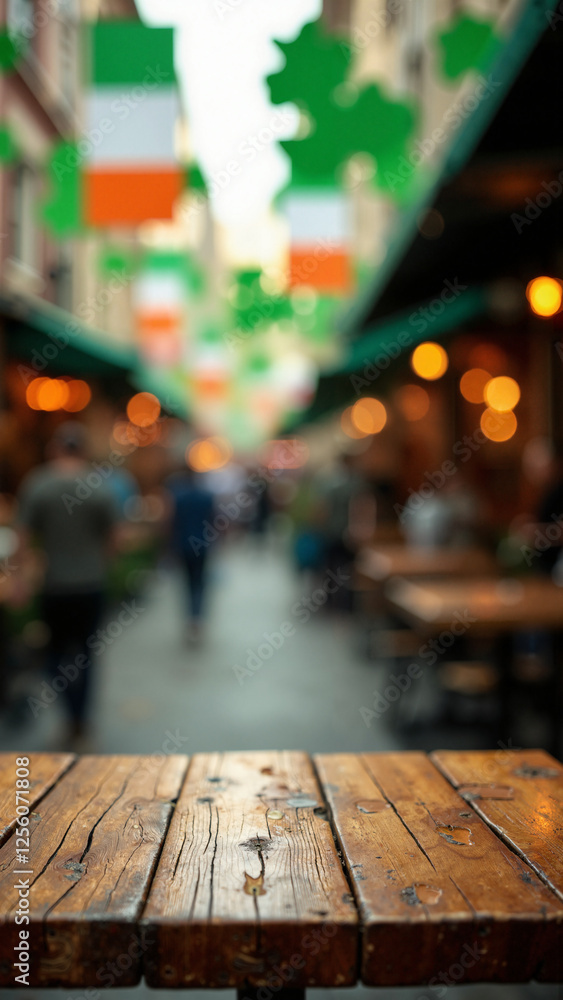 Rustic Wooden Table with Festive St. Patrick's Day Bokeh Background: Perfect for Pub Marketing and Event Promotions Rustic Wooden Table with Festive St. Patrick's Day Bokeh Background: Perfect for Pub Marketing and Event Promotions