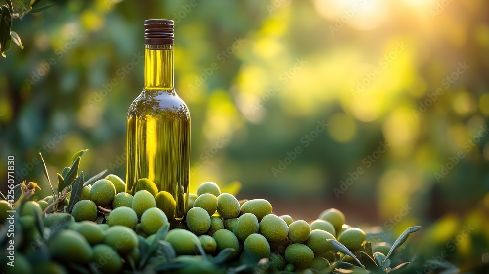 Fototapeta premium Olive oil bottle in orchard sunset