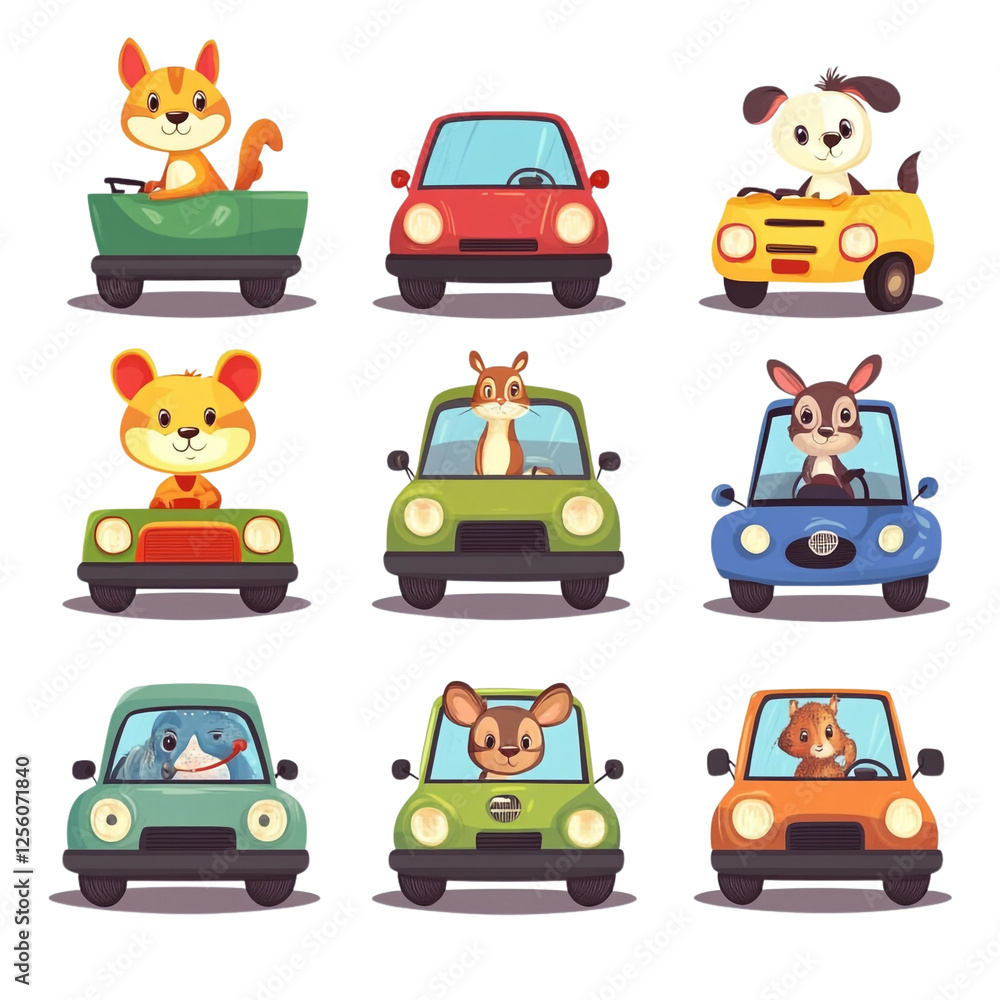 Naklejka premium Adorable Animals Driving Cute Cars Joyful Ride Happy Day