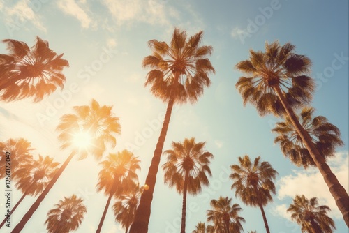 Los Angeles Palm Trees: Low Angle Shot with Sun Rays. Iconic California Avenue in Beverly Hills