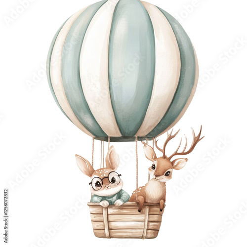 Adorable bunny and deer friends enjoy a whimsical hot air balloon ride joyful adventure awaits,