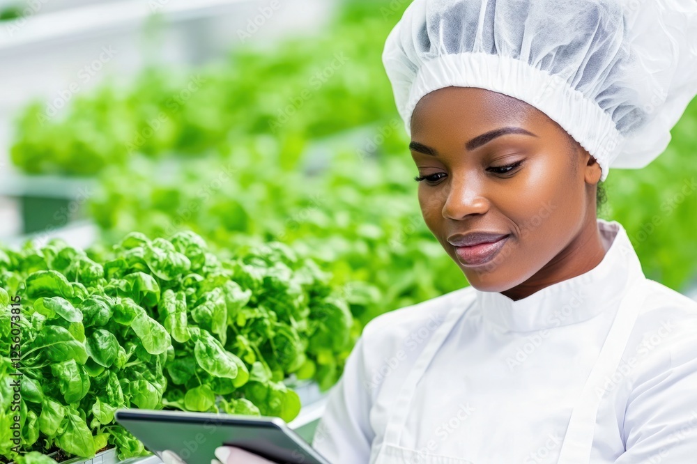 Focused Woman Analyzing Plants In Greenhouse Focused Woman Analyzing Plants In Greenhouse