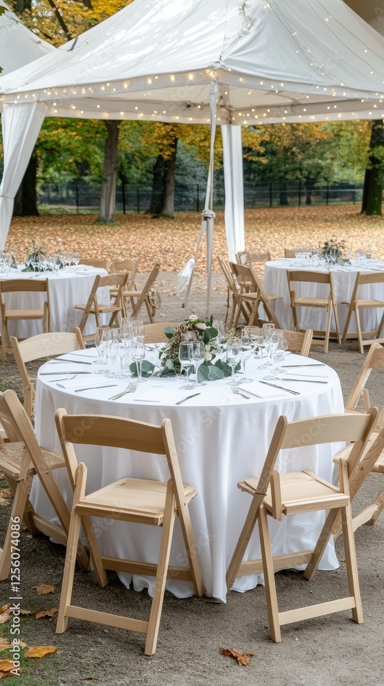 Obraz premium Beautiful outdoor wedding reception setup with elegant tables and nature backdrop featuring autumn foliage