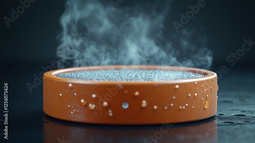 Steaming orange coaster, wet surface, dark background, product display photo