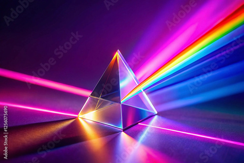 Prism refracting light, rainbow spectrum, dark background, science education