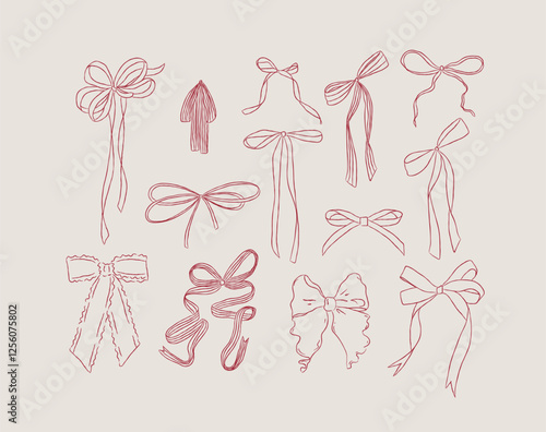 Obraz na płótnie Ribbon bows hand drawn sketch drawing with red on light background w salonie