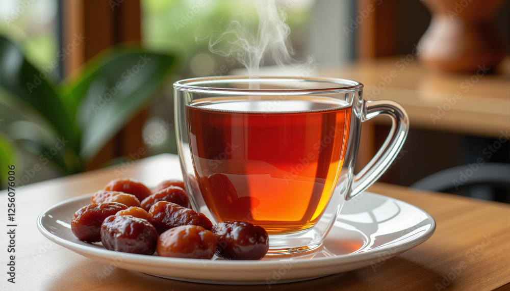 Glass cup of steaming tea with dates on plate, cozy setting, Eid al-Adha celebration concept