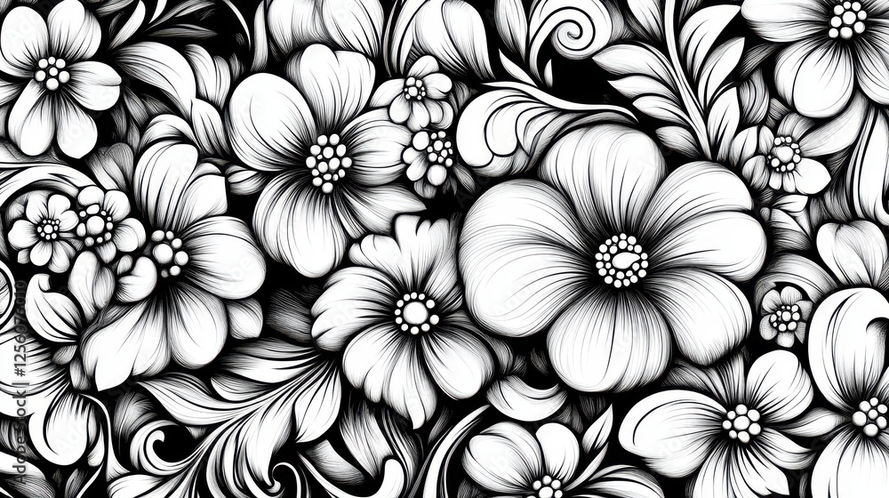 Intricate Floral Pattern with Detailed Line Art of Black and White Flowers and Foliage Elements for Creative Designs Intricate Floral Pattern with Detailed Line Art of Black and White Flowers and Foliage Elements for Creative Designs