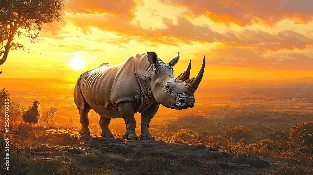 Fototapeta premium Rhino sunset savanna Africa wildlife landscape