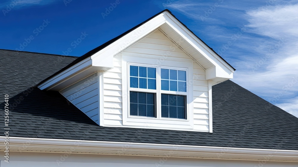 White window on sloped roof against blue sky showcasing architectural details in a modern residential neighborhood White window on sloped roof against blue sky showcasing architectural details in a modern residential neighborhood