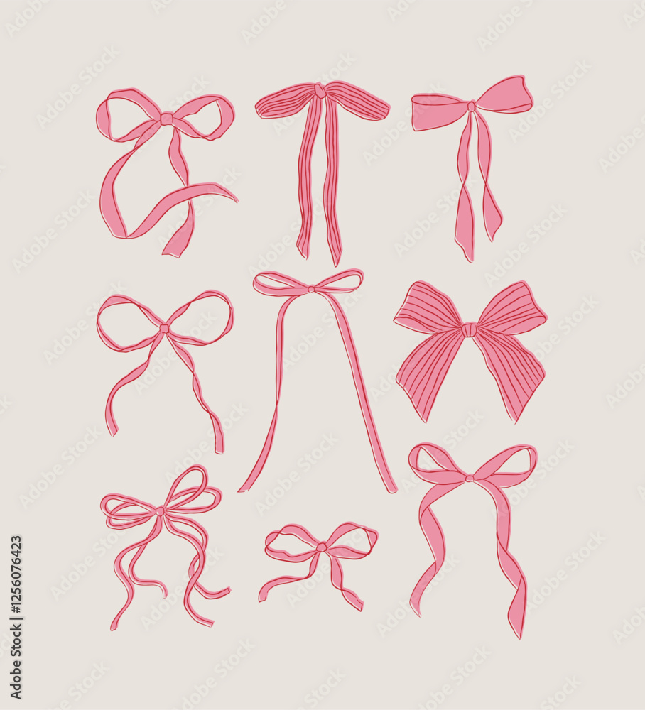 Bows of ribbon hand drawn sketch drawing with red and fill of pink on light background
