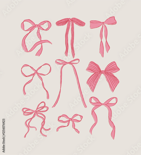 Obraz na płótnie Bows of ribbon hand drawn sketch drawing with red and fill of pink on light background w salonie