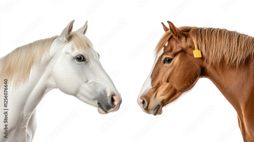 Naklejka premium Two horses interact in a studio setting showcasing their unique features and colors with a neutral background