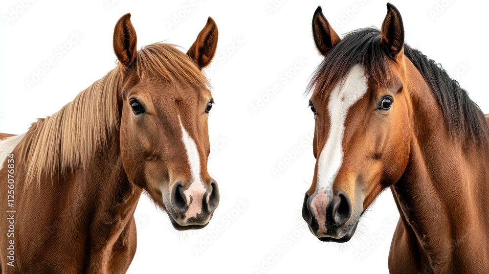 Beautiful horses showcasing distinct coats and expressions in a bright, neutral setting with natural light Beautiful horses showcasing distinct coats and expressions in a bright, neutral setting with natural light
