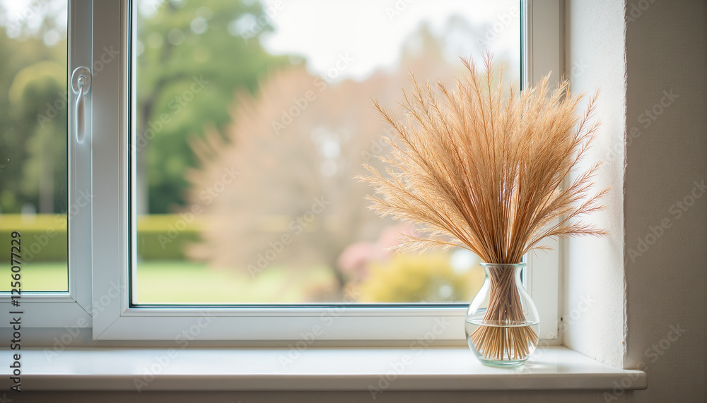 Vase with dried pampas grass on windowsill, soft light, Easter decoration concept