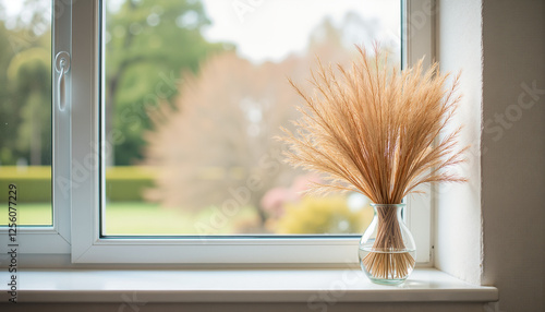 Obraz na płótnie Vase with dried pampas grass on windowsill, soft light, Easter decoration concept w salonie