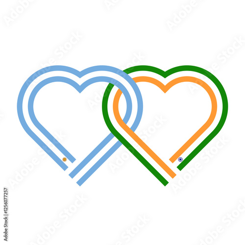 heart shaped ribbon of argentina and india flags intertwined. vector illustration isolated on white background